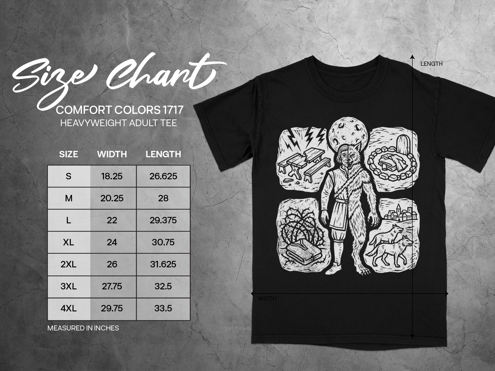 Comfort Colors 1717 size chart for heavyweight adult tees, with measurements in inches.