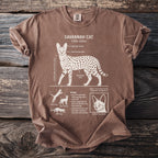Brown t-shirt with a Savannah Cat diagram featuring height, spots, and biological details.