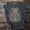 Dark gray t-shirt showing Morrigan with folded wings, ravens, crescent moon, and bones.