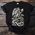 Tengu with fan on mountain landscape with Japanese temple on black t-shirt.