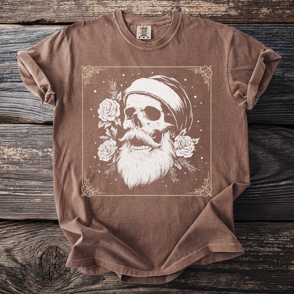Brown t-shirt with graphic of skull wearing a beanie with roses and beard.