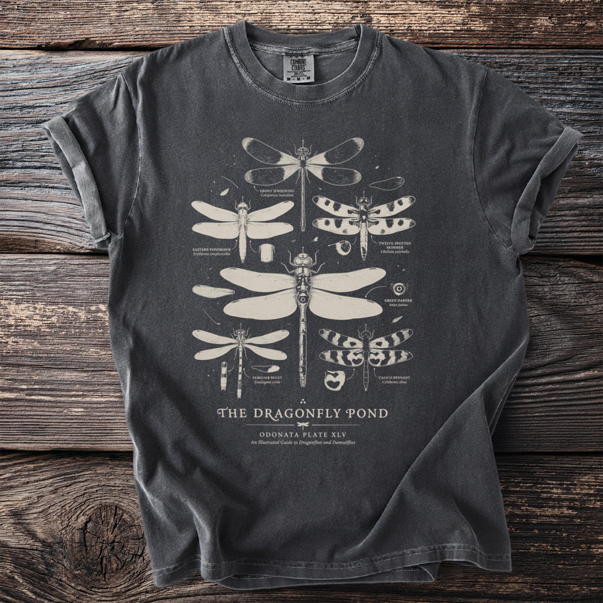 T-shirt with illustrations of various dragonflies and damselflies.