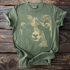 Green t-shirt with a ram wearing aviator sunglasses graphic.