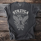 T-shirt with white linework of a winged demon, owl, moon, and trees.