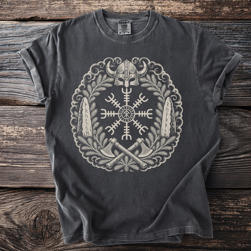 Dark gray t-shirt with a Viking helmet, axes, and runes on a circular design.