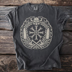 Dark gray t-shirt with a Viking helmet, axes, and runes on a circular design.
