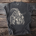 T-shirt with a stylized goat-human creature blowing on dandelions.