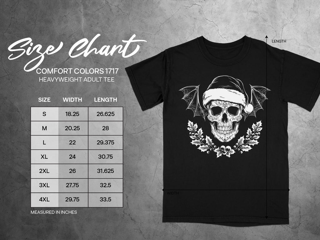 Comfort Colors 1717 heavyweight adult tee size chart with width and length measurements.