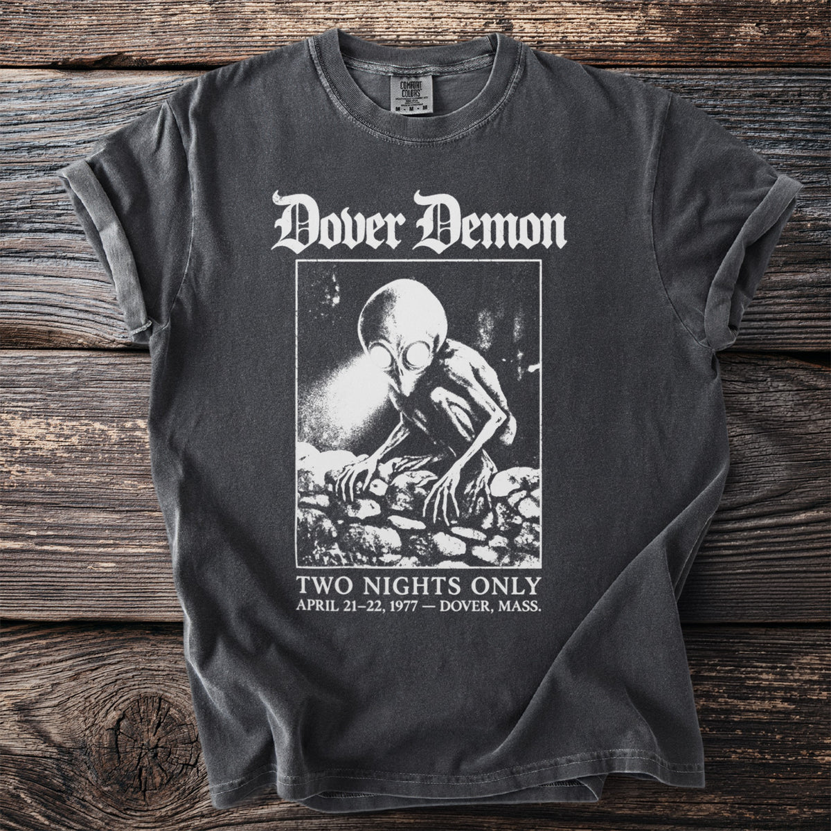 T-shirt with Dover Demon graphic and text "TWO NIGHTS ONLY APRIL 21-22, 1977".