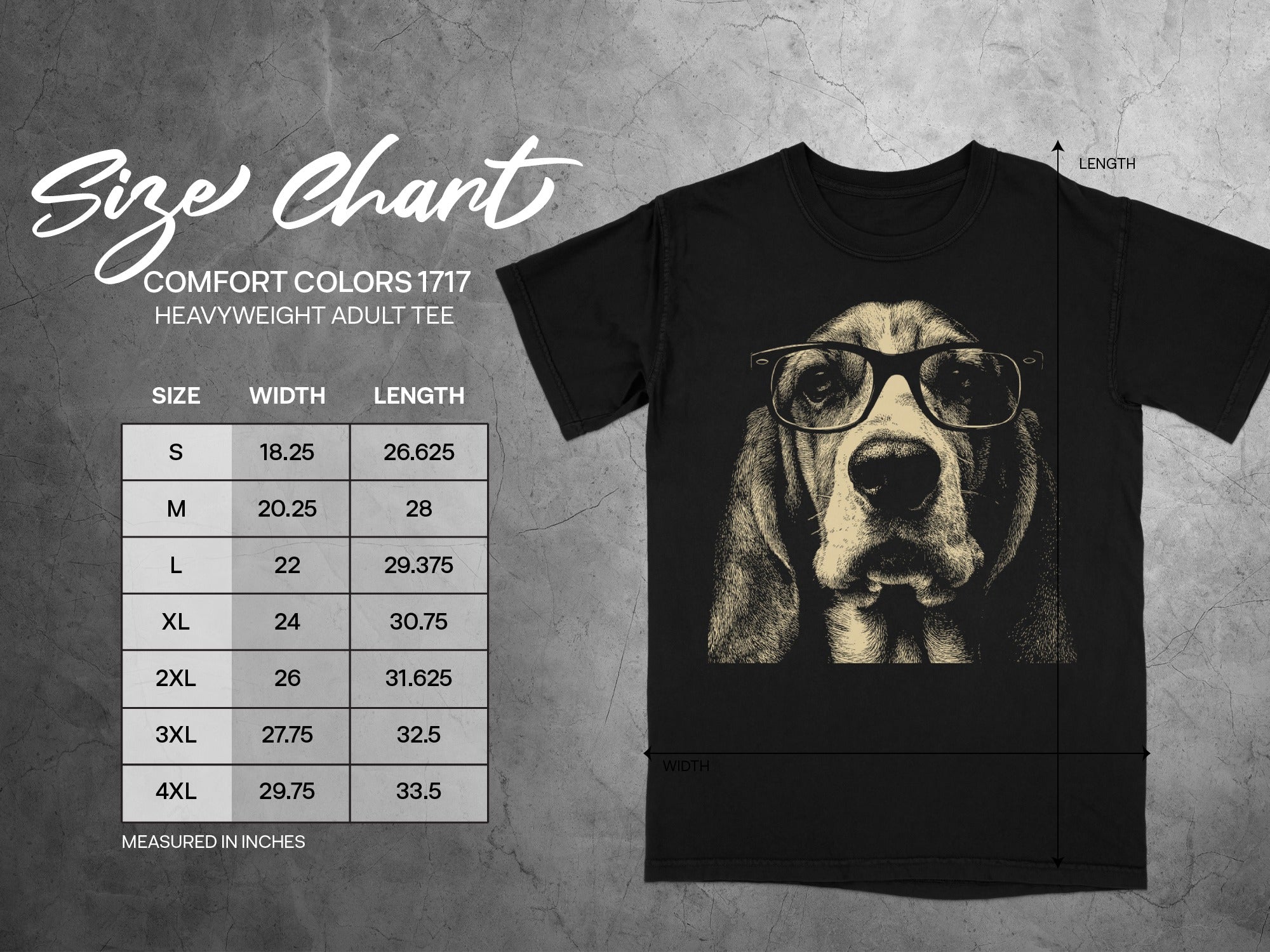Size chart for Comfort Colors 1717 heavyweight adult tee with dog graphic.