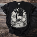 Black t-shirt with deer between two standing stones and a moon.