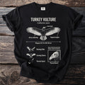 Black t-shirt with anatomical illustration of a turkey vulture and its characteristics.