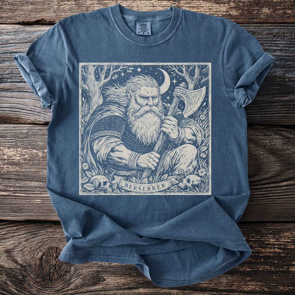 T-shirt with a linocut-style illustration of a bearded man with an axe, labeled "BERSERKER".