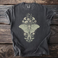 Dark grey t-shirt with a faded green luna moth and floral design.
