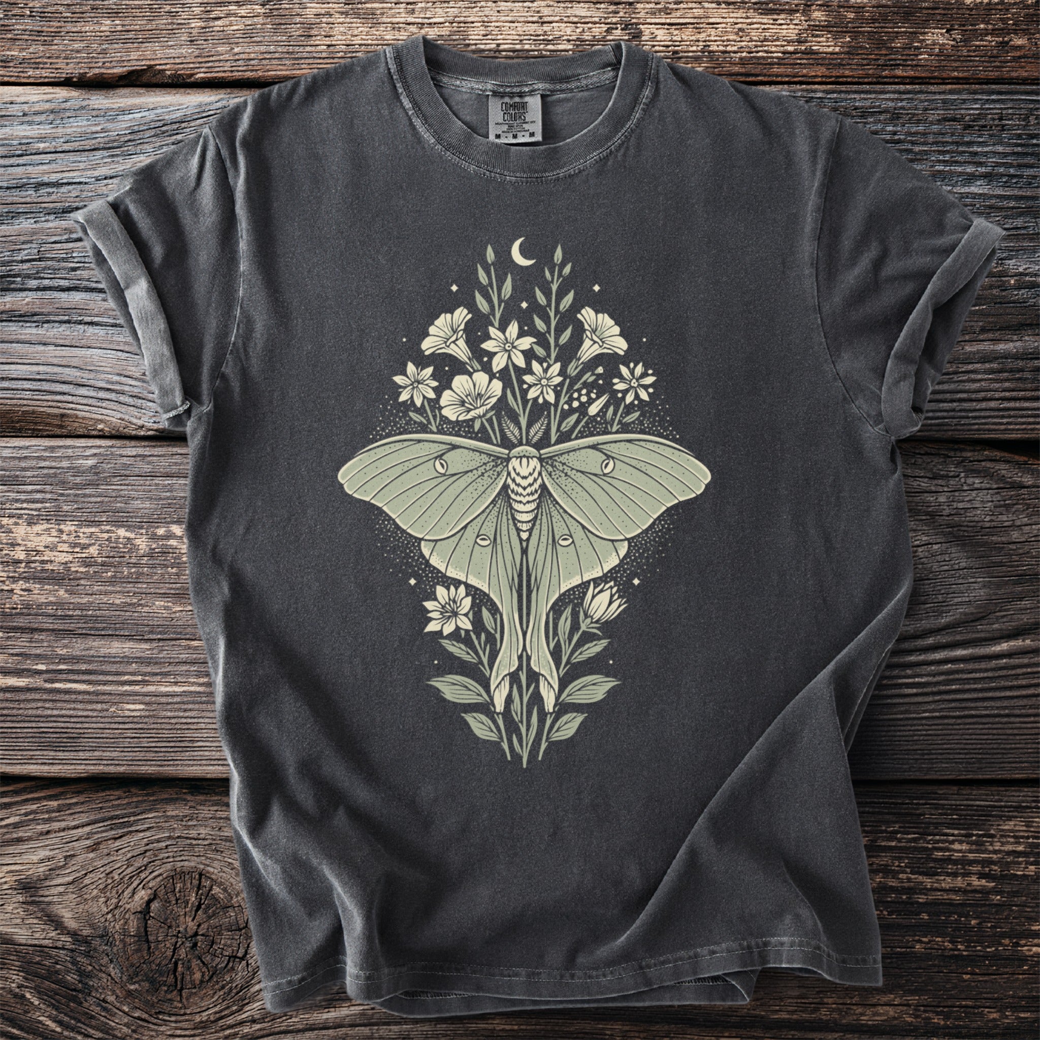 Dark grey t-shirt with a faded green luna moth and floral design.