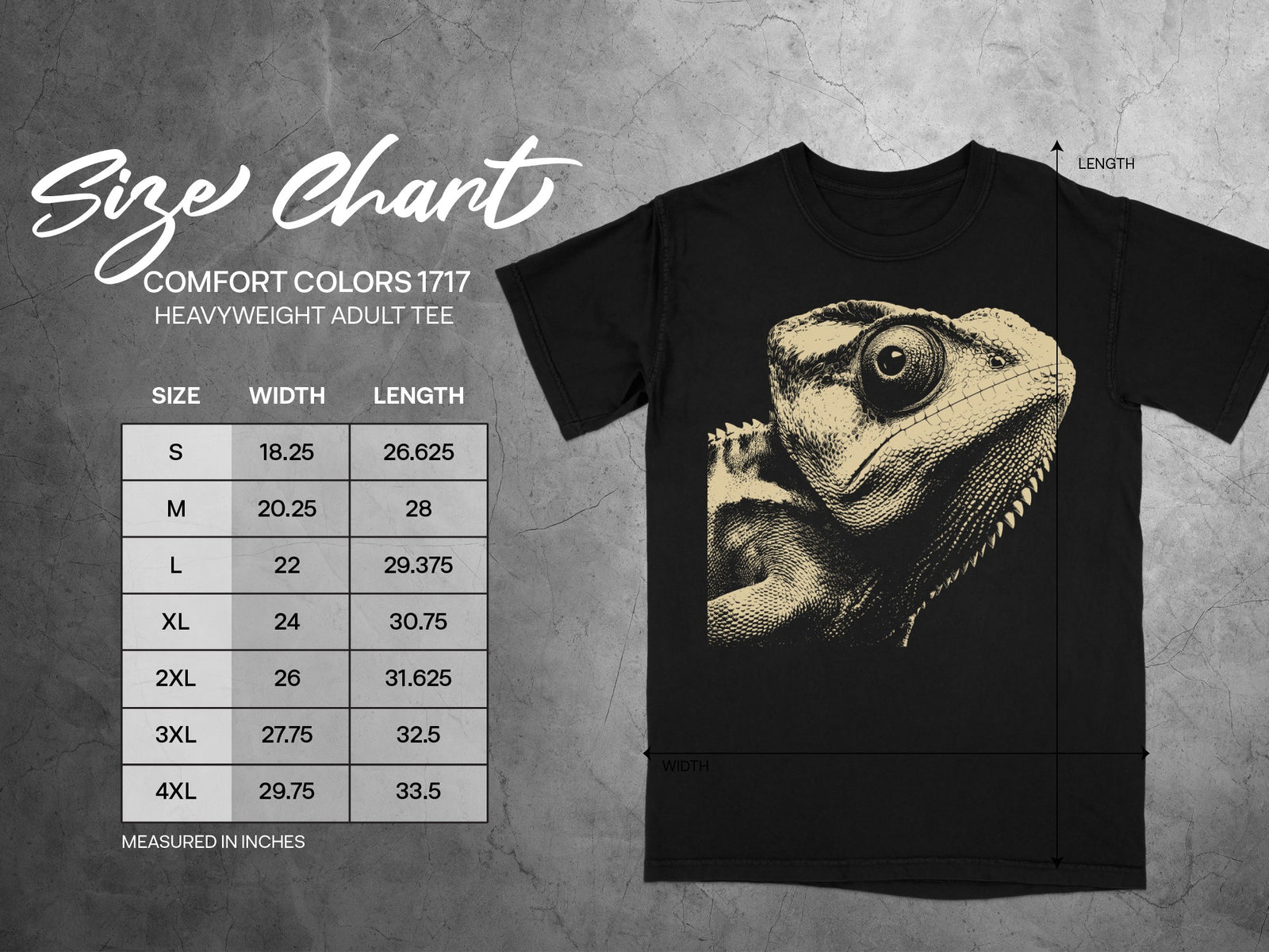 Comfort Colors 1717 heavyweight adult t-shirt size chart for width and length.