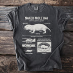Dark t-shirt with a graphic of a naked mole rat and its facts.
