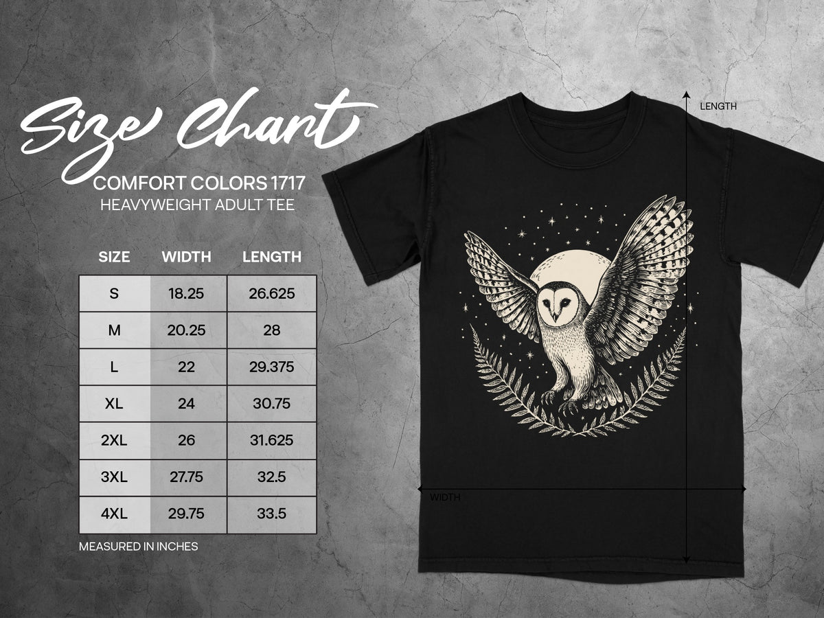 Comfort Colors 1717 heavyweight adult tee size chart with owl graphic.