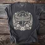 Dark grey t-shirt with a cream-colored circular dragonfly, moon, and floral design.