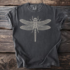 Dark gray t-shirt with a detailed cream-colored dragonfly graphic.