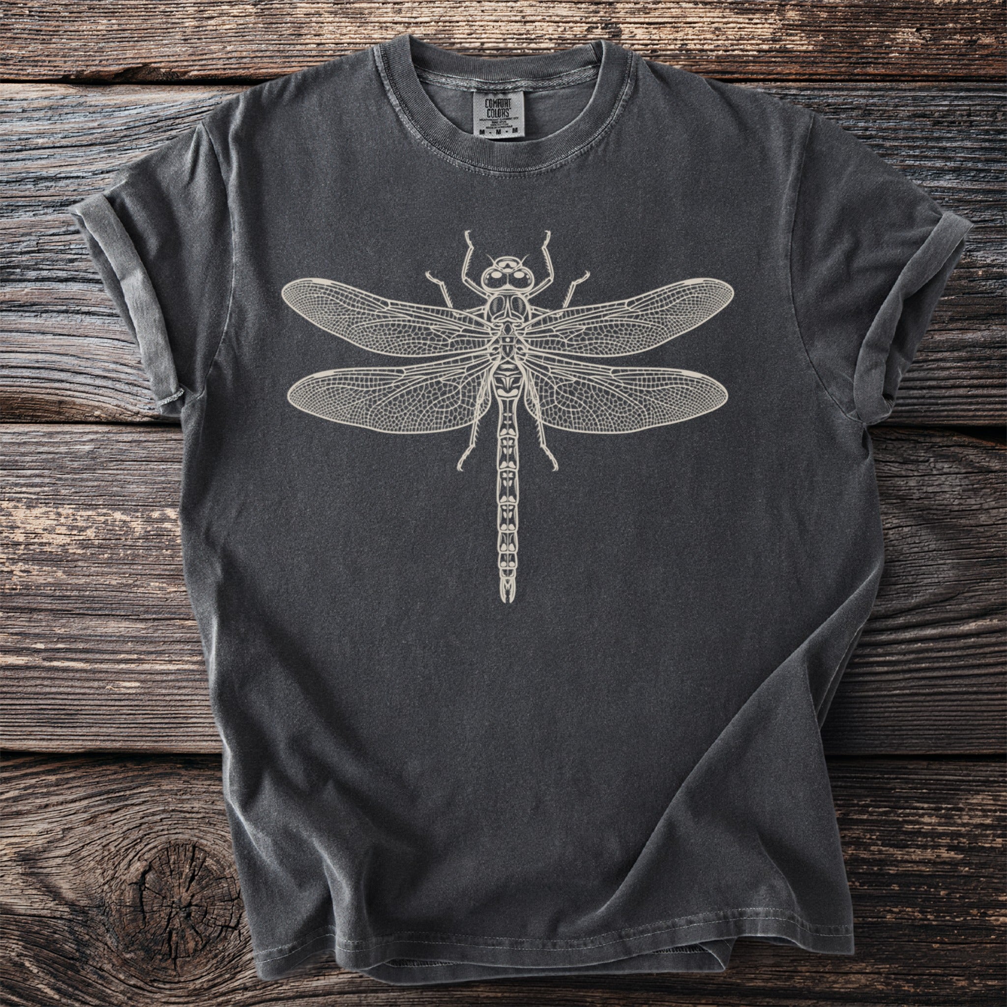 Dark gray t-shirt with a detailed cream-colored dragonfly graphic.