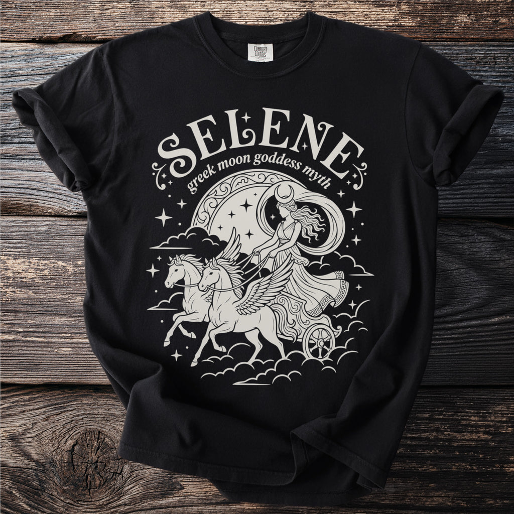 Selene Greek moon goddess myth on black t-shirt.