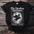 Black t-shirt with The Headless Horseman graphic, Autumn Residency, Sleepy Hollow text.