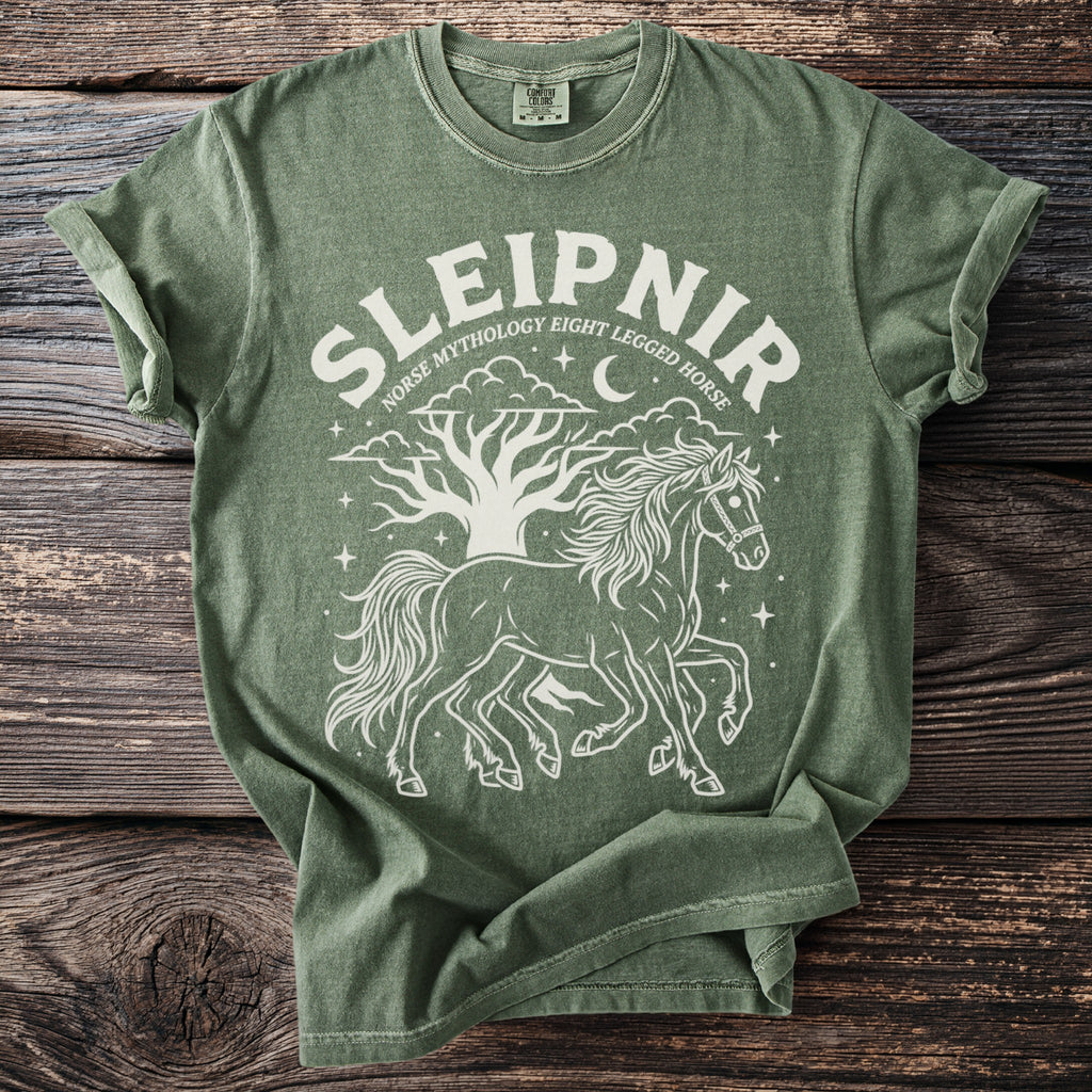 Green t-shirt with white graphic of Sleipnir and text "Norse Mythology Eight Legged Horse".