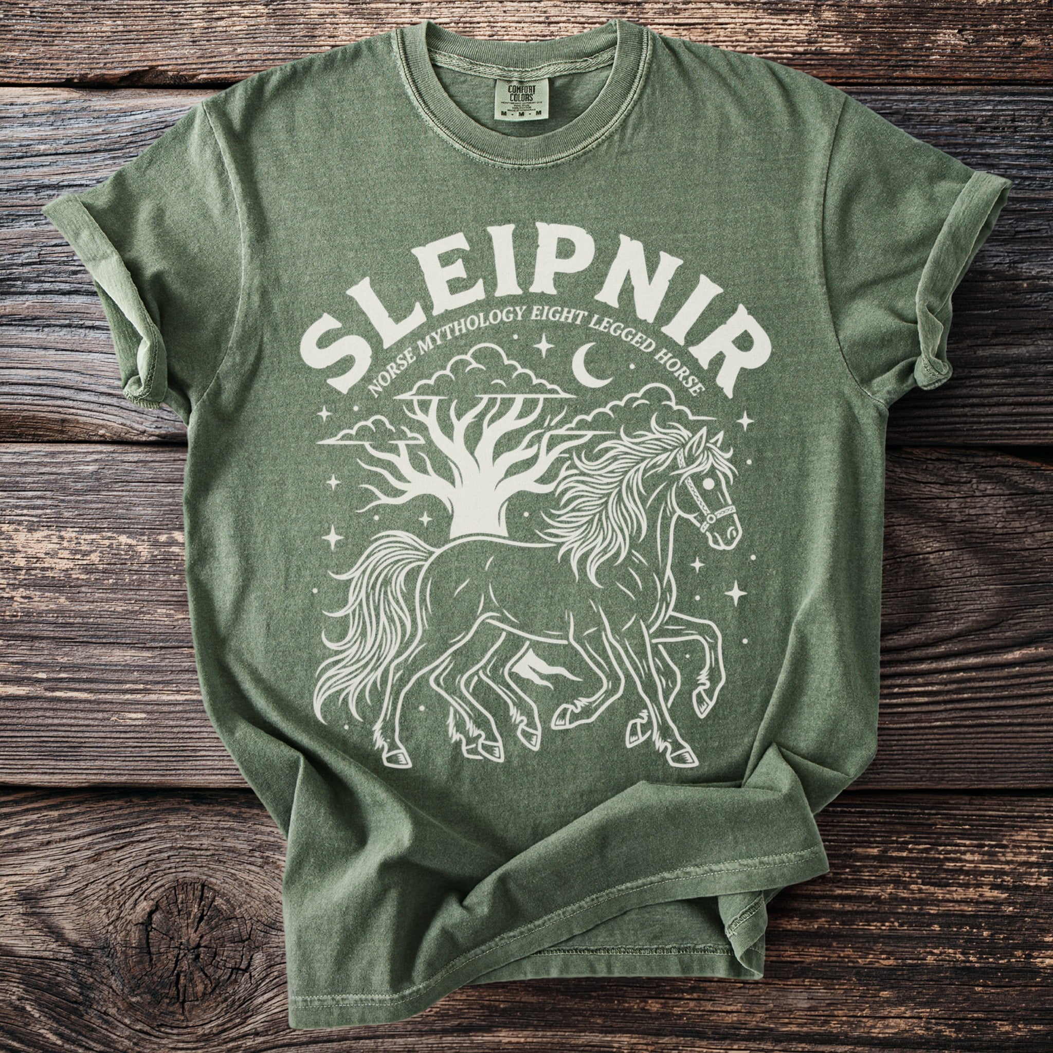 Green t-shirt with white graphic of Sleipnir and text "Norse Mythology Eight Legged Horse".