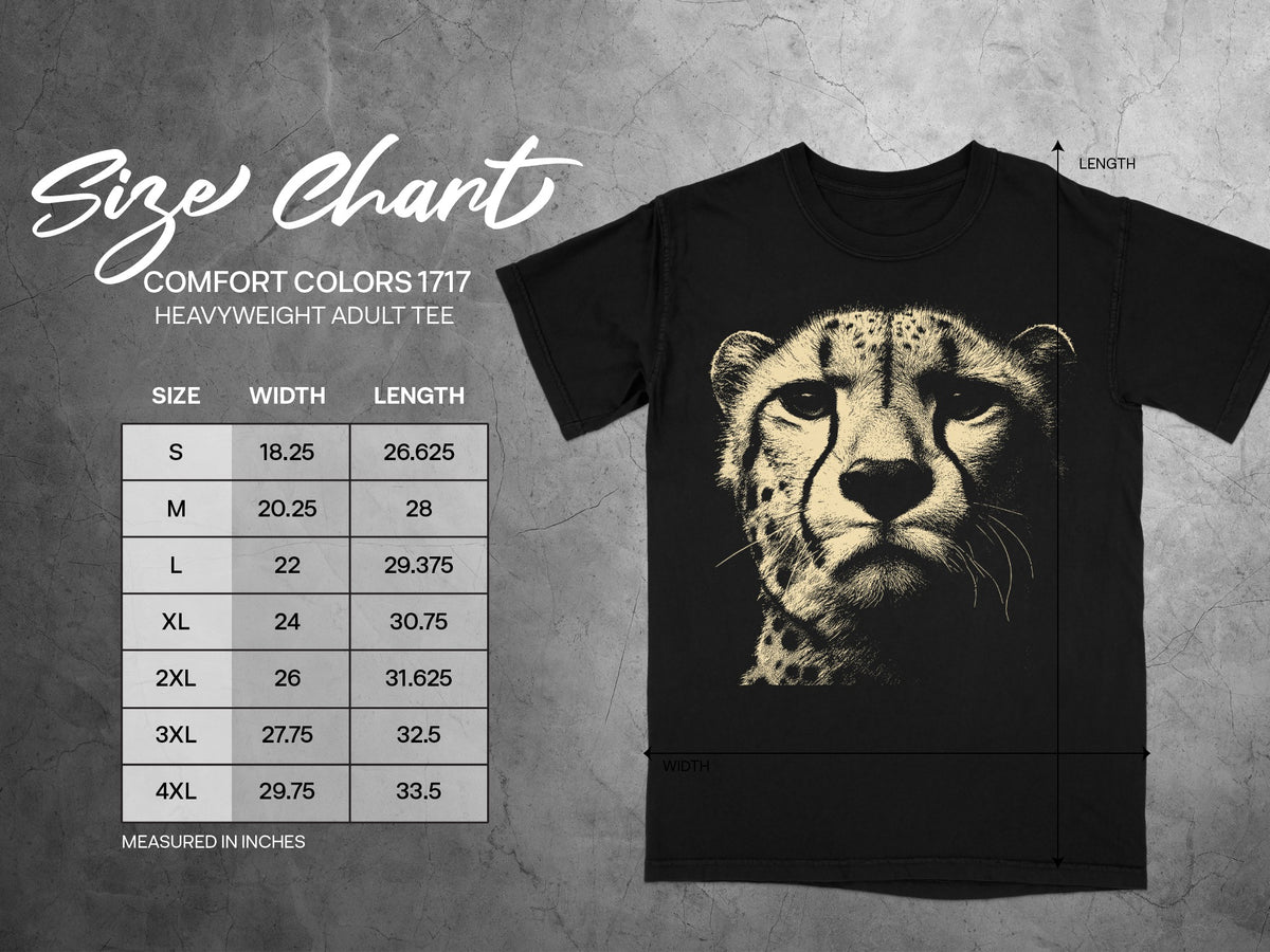 Comfort Colors 1717 heavyweight adult tee size chart with width and length measurements in inches.