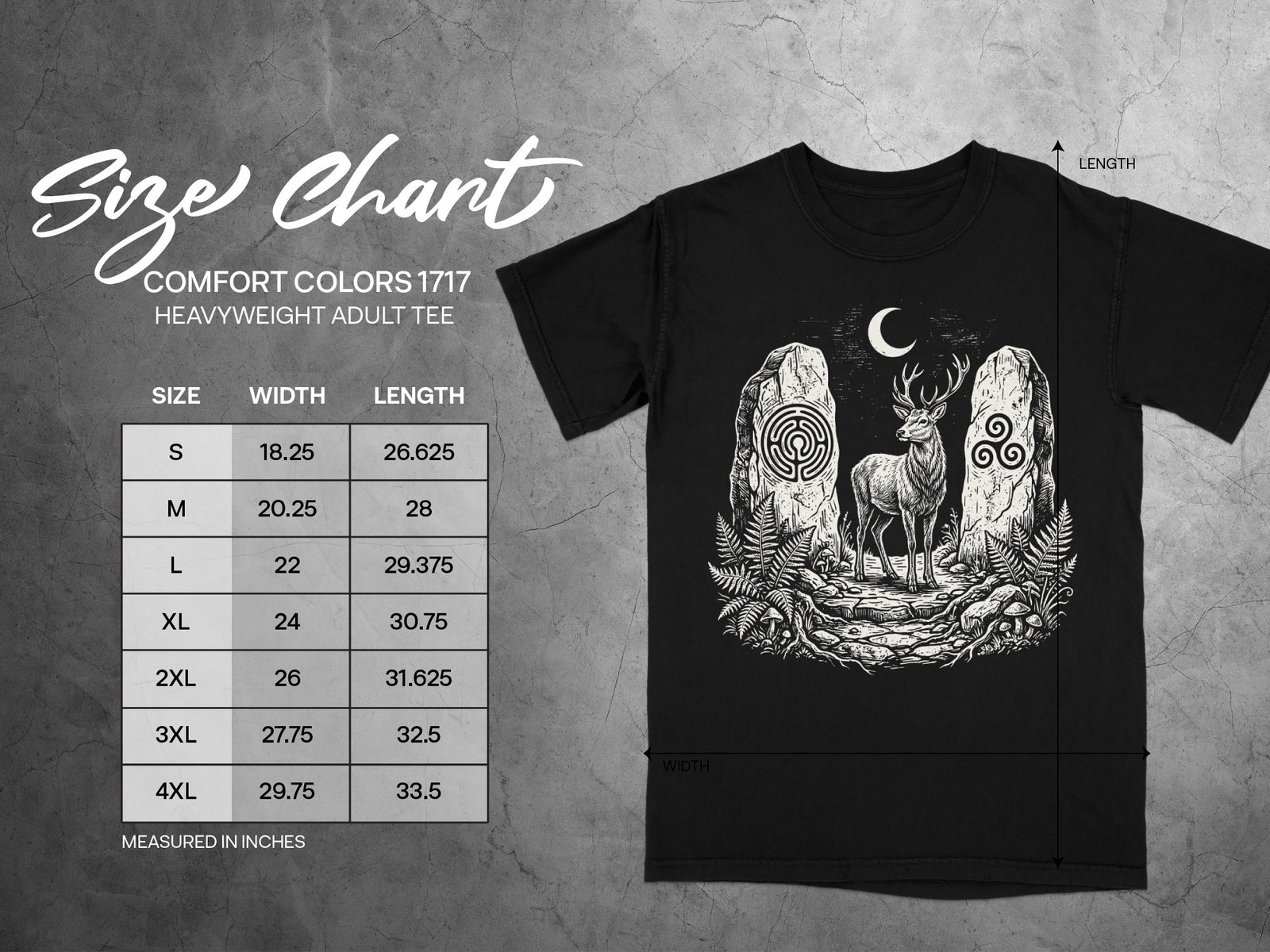 Size chart for Comfort Colors 1717 heavyweight adult tee with deer graphic.