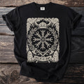 Black t-shirt with "Helm of Awe" Viking symbol design and axes.