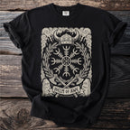 Black t-shirt with "Helm of Awe" Viking symbol design and axes.