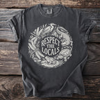 Dark grey t-shirt with white circular wildlife graphic and text "Respect The Locals".