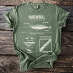 Green t-shirt with "Narwhal Monodon monoceros" diagram and facts.