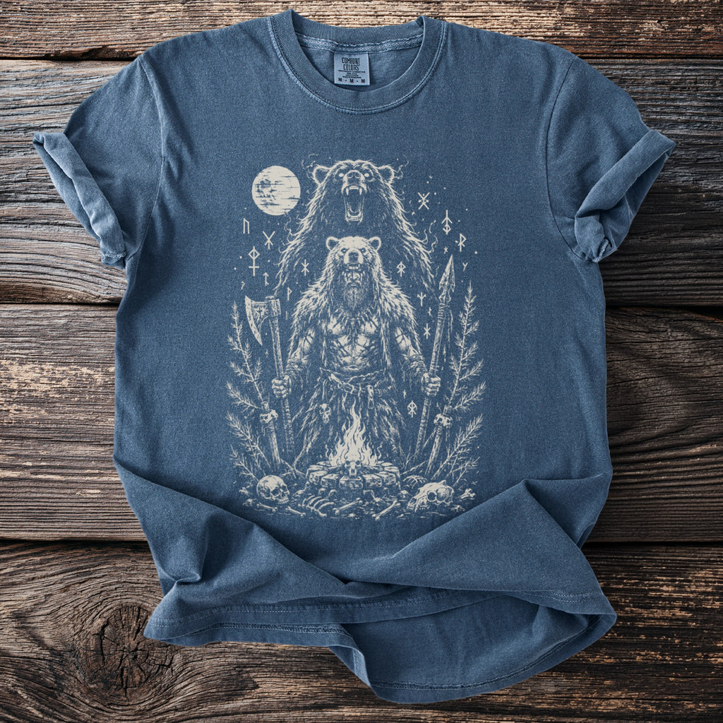 Blue t-shirt with a distressed print of a warrior bear and a roaring bear, moon, campfire, and runes.