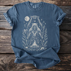 Blue t-shirt with a distressed print of a warrior bear and a roaring bear, moon, campfire, and runes.