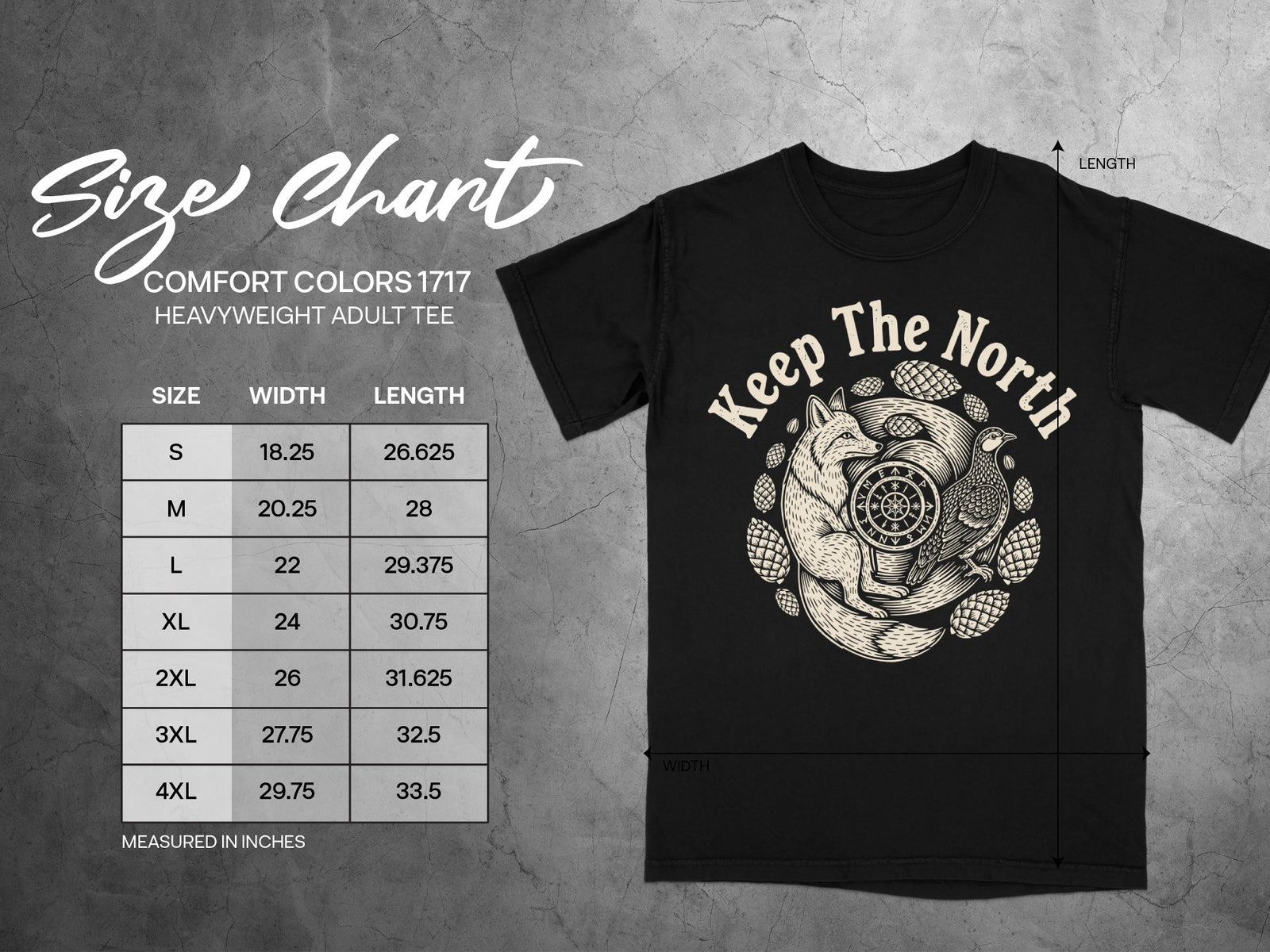Comfort Colors 1717 heavyweight adult tee size chart with width and length measurements.