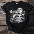 Black t-shirt with a graphic of bass fish jumping near a full moon.