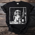 T-shirt graphic of a dog wearing sunglasses with a bottle of champagne and a glass.