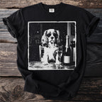 T-shirt graphic of a dog wearing sunglasses with a bottle of champagne and a glass.