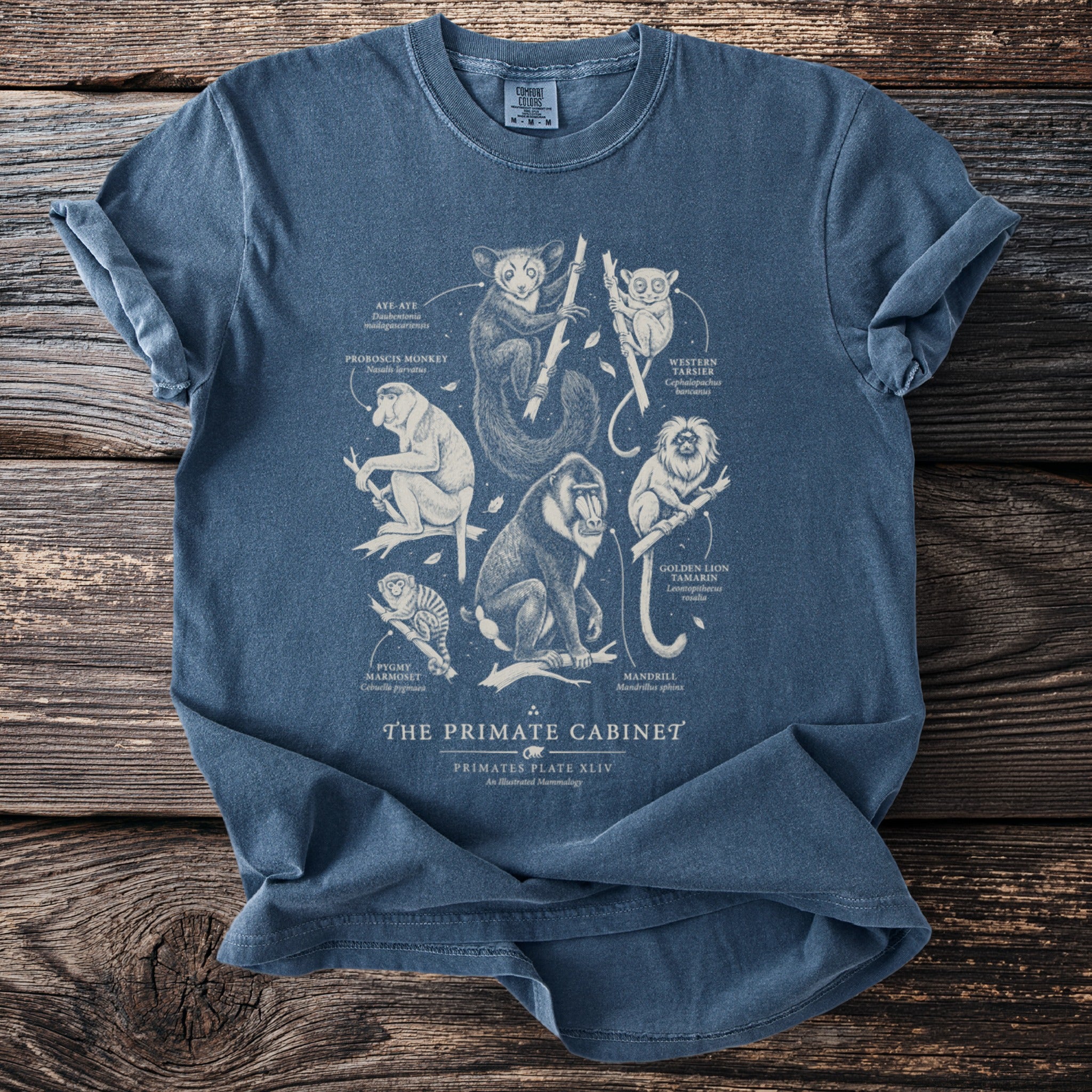 Blue t-shirt featuring a detailed illustration of the primate cabinet with species names.