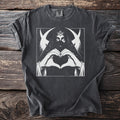T-shirt with graphic of a veiled figure making a heart with hands under moons.