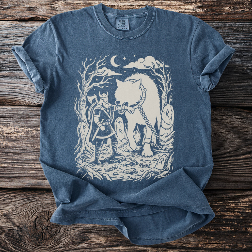 Viking taming a chained wolf with an axe under a starry night sky