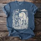 Viking taming a chained wolf with an axe under a starry night sky