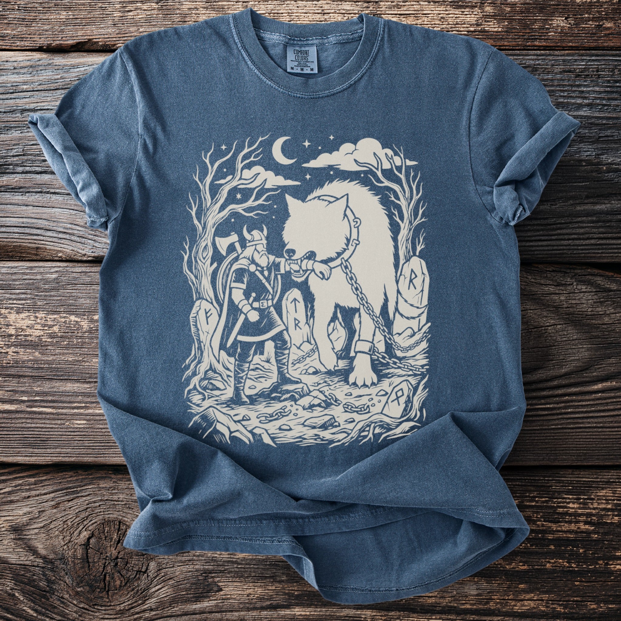 Viking taming a chained wolf with an axe under a starry night sky