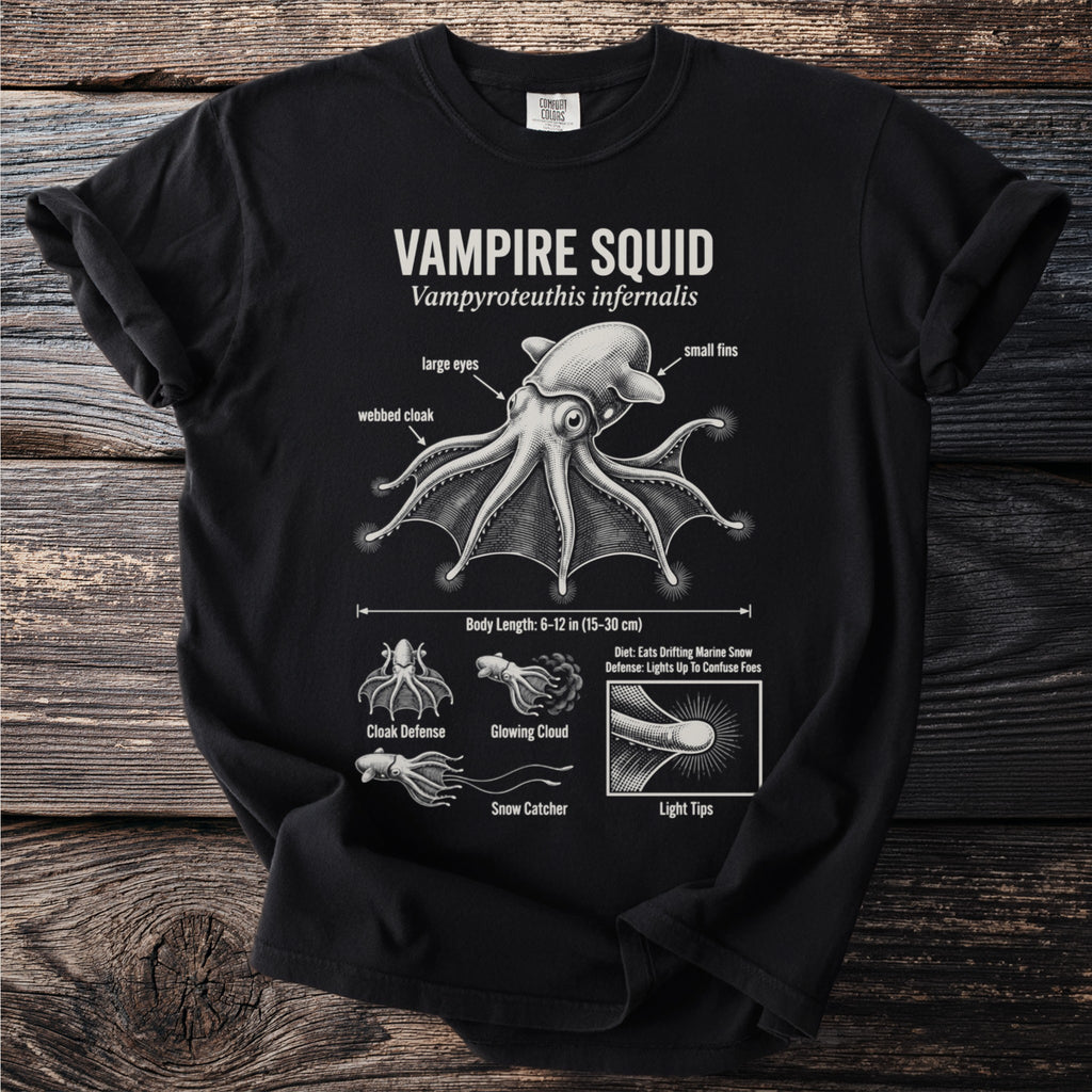 Black t-shirt with a diagram of a vampire squid and its features.