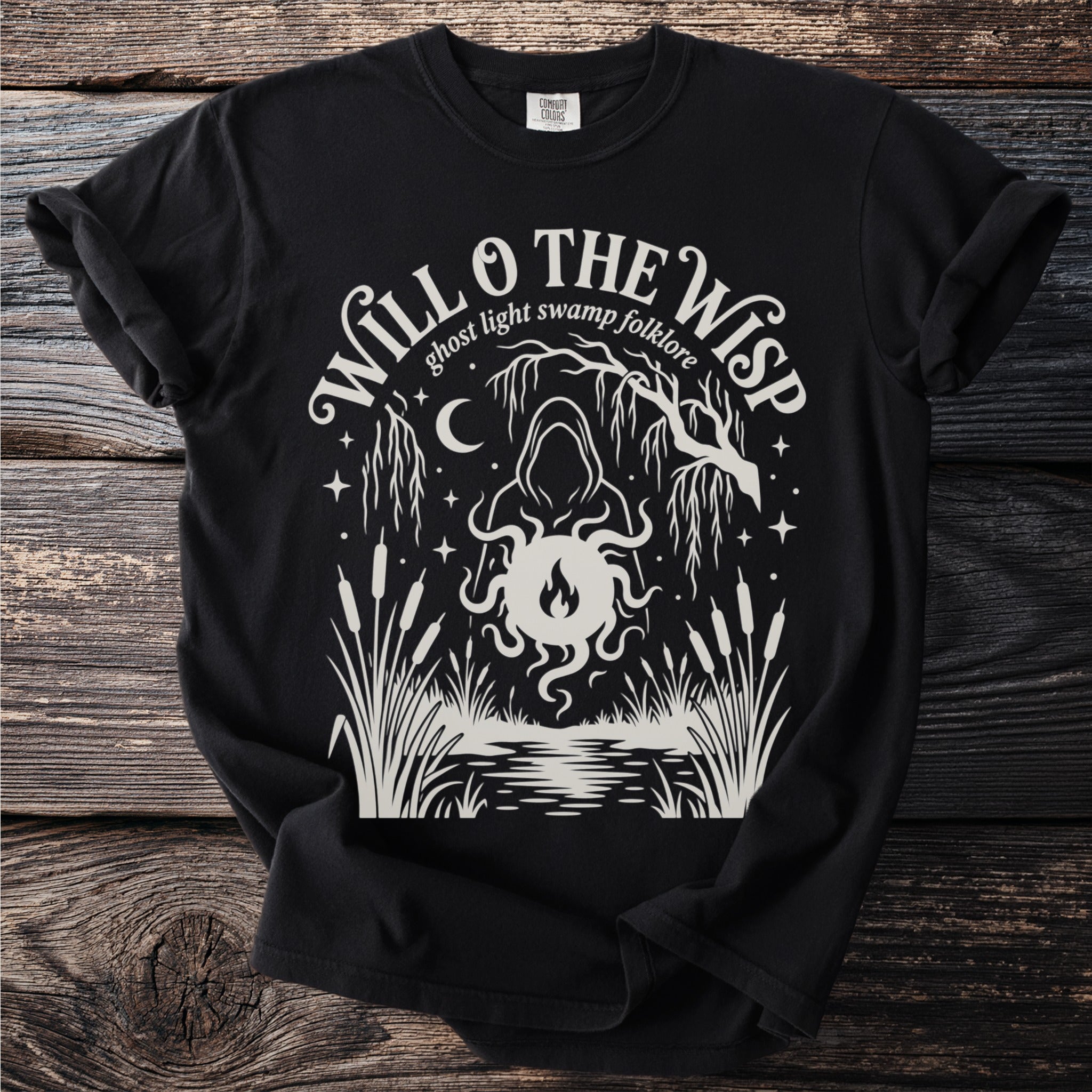 Will O The Wisp ghost light swamp folklore design on a black t-shirt.