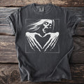 Charcoal t-shirt with graphic of a screaming ghost forming a heart with its hands.