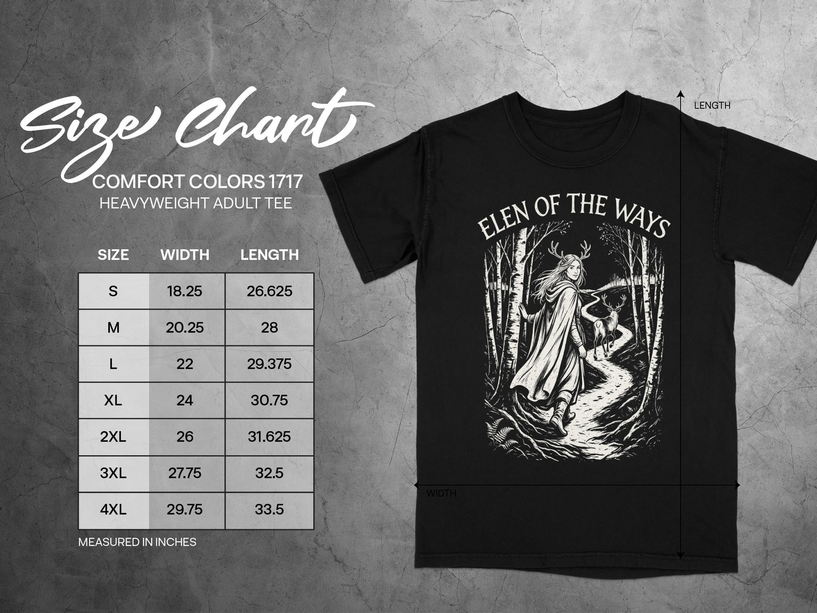 Comfort Colors 1717 heavyweight tee size chart with "Elen of the Ways" graphic.